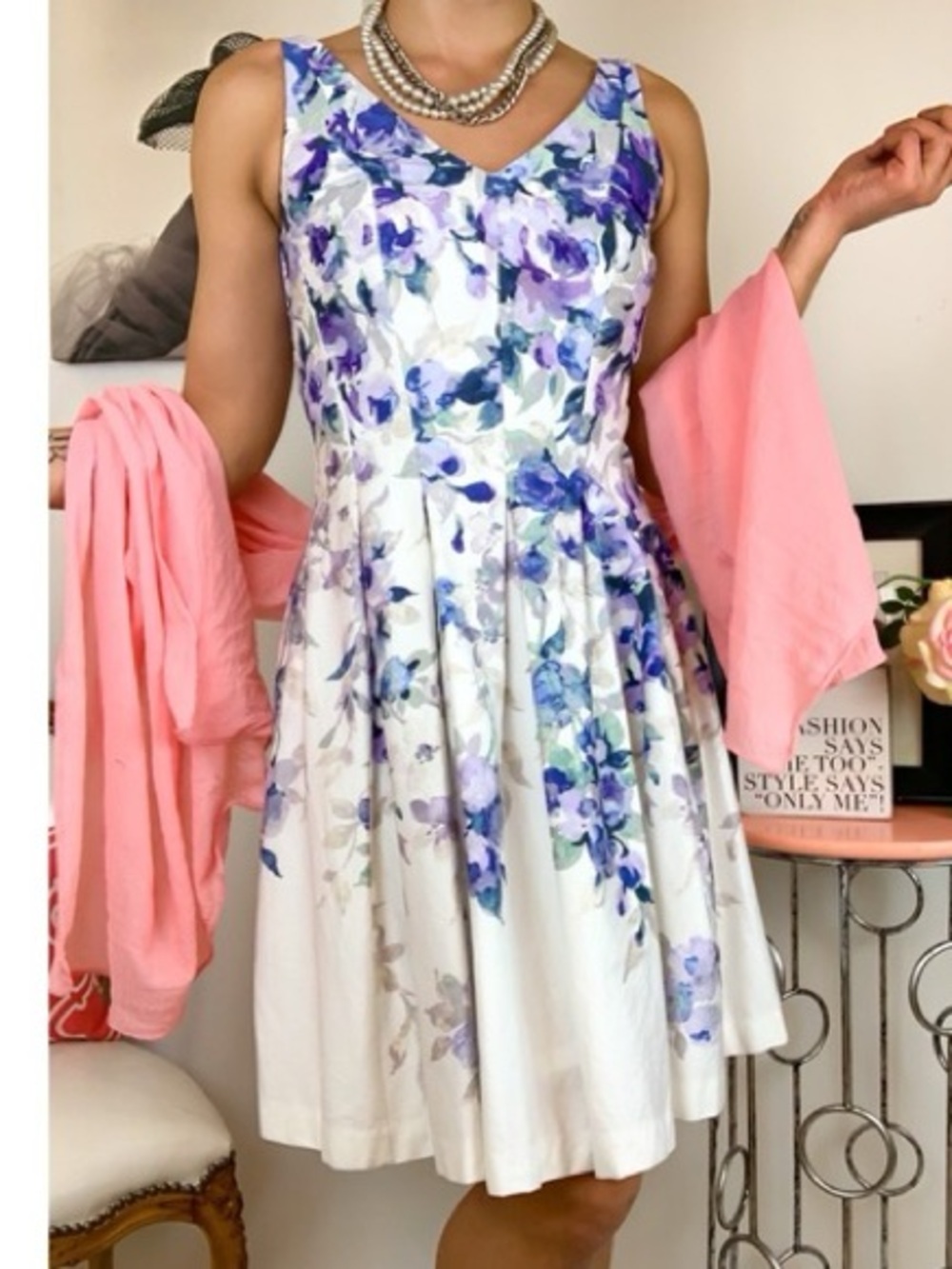 Lauren Ralph Lauren Blue and Purple Floral Fit and Flare A-line Pleated dress XL